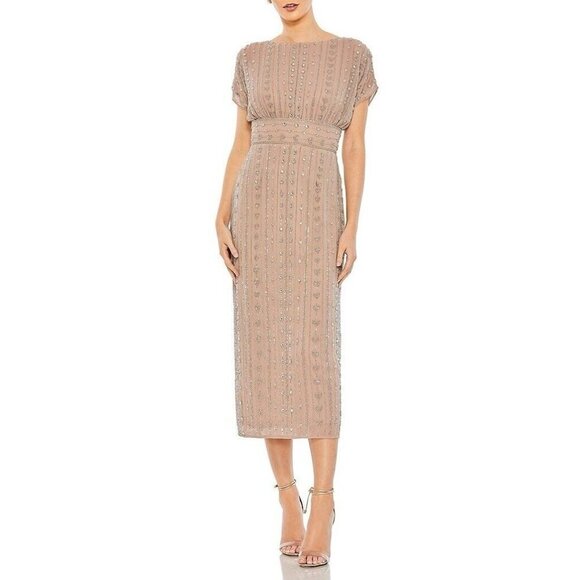 Mac Duggal Size 8 Beige 93649 Beaded Cap Sleeve Column Gown Midi Dress $498 New - Picture 7 of 14